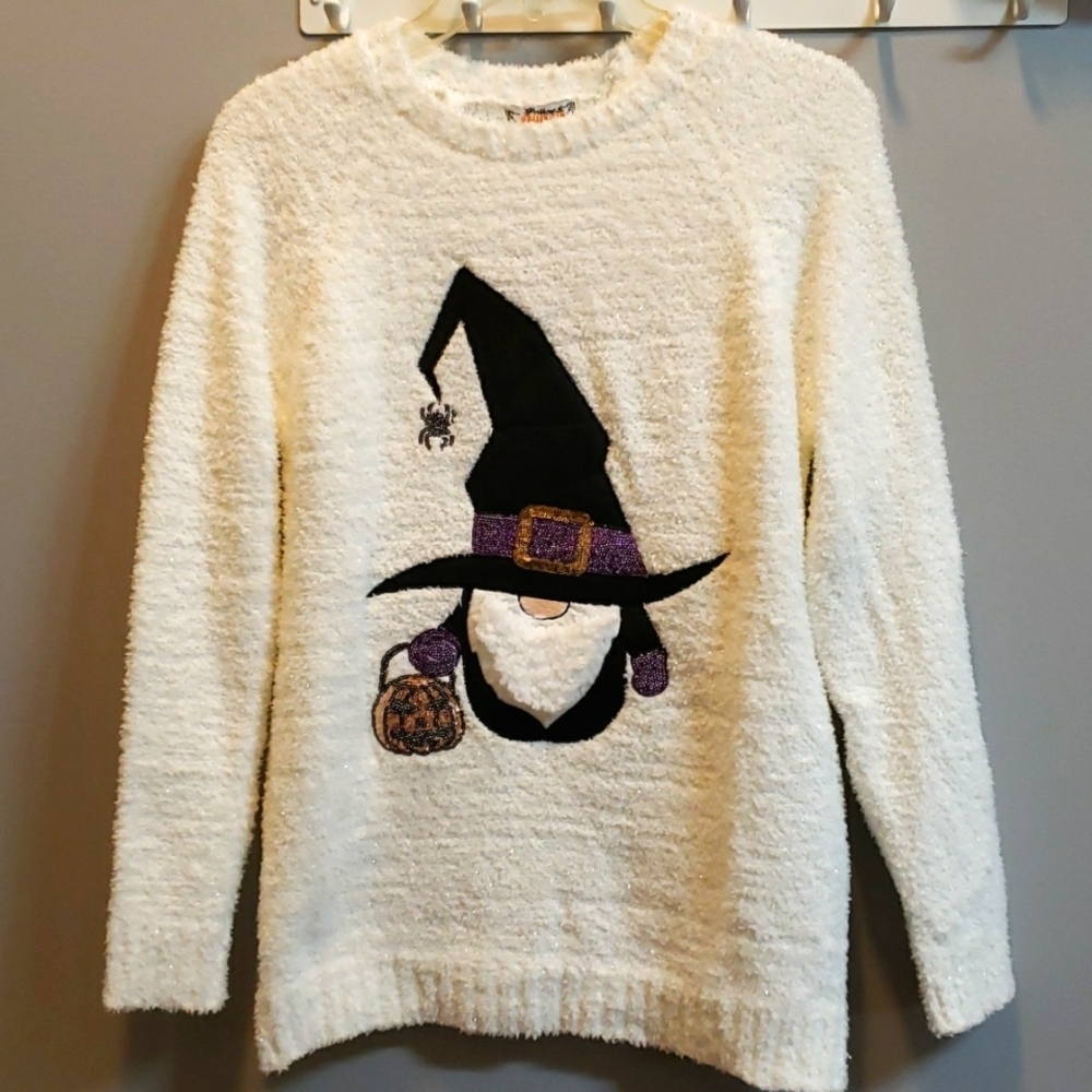 Poof Happy Halloween Appliqued and Sequined Gnome Scoop Neck Sweater